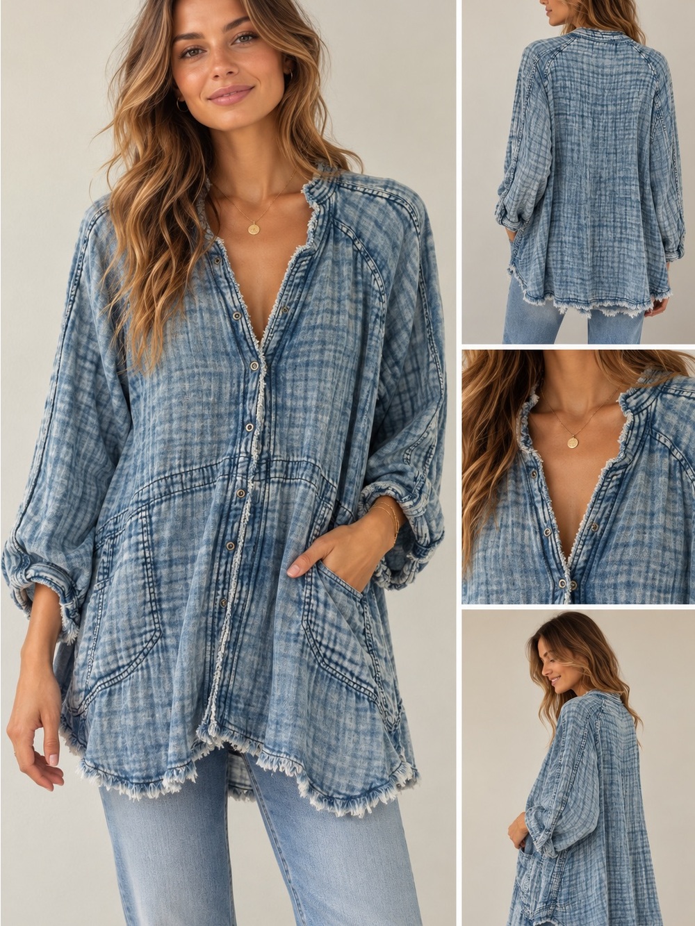 We The Free Washed Blue Button-Front Tunic